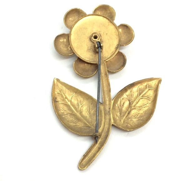 VINTAGE MCM FLOWER BROOCH PIN RED RHINESTONE ART NOUVEAU GOLD TONE MID -CENTURY - Picture 9 of 14